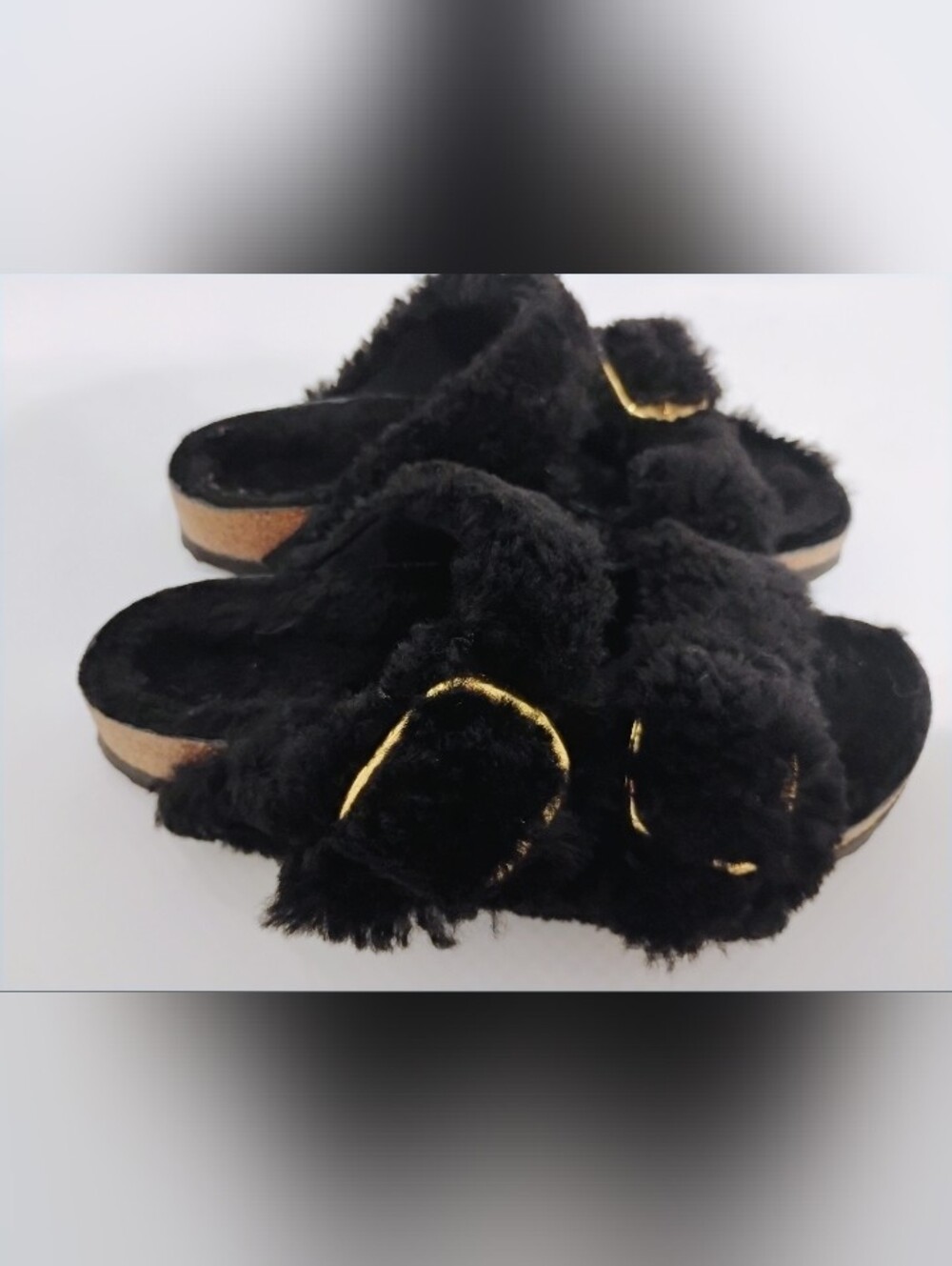 Birkenstock Women’s Black Arizona Big Buckle Shearling Gold Sandal Size 38 US 7